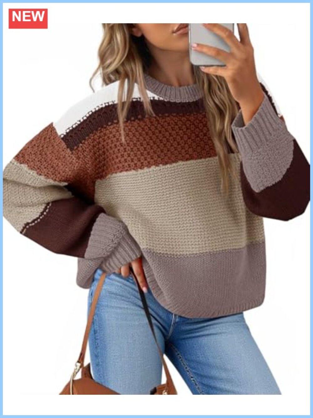 Womens Cropped Crew Neck Pullover Sweater Oversized Striped Knit